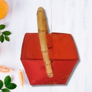 VTG Tozai Red Silk Floral Chinese Take Out Box Purse Handbag With Bamboo Handles